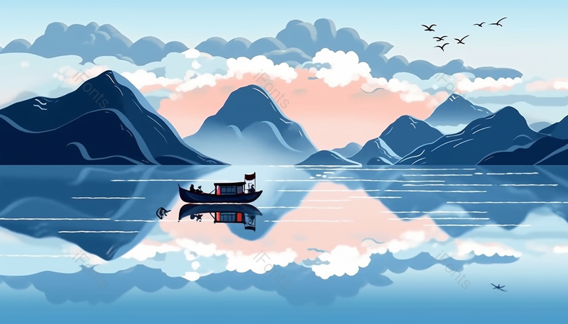 中国风唯美写意画日出日落山水画手绘插画背景,插画/手绘图,插画/手绘图库,插画/手绘图下载,插画/手绘